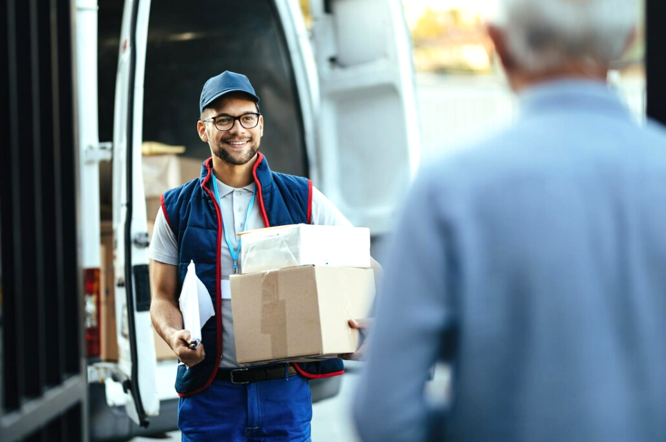 Repartidor uniformado entregando cajas a un cliente frente a una furgoneta de reparto